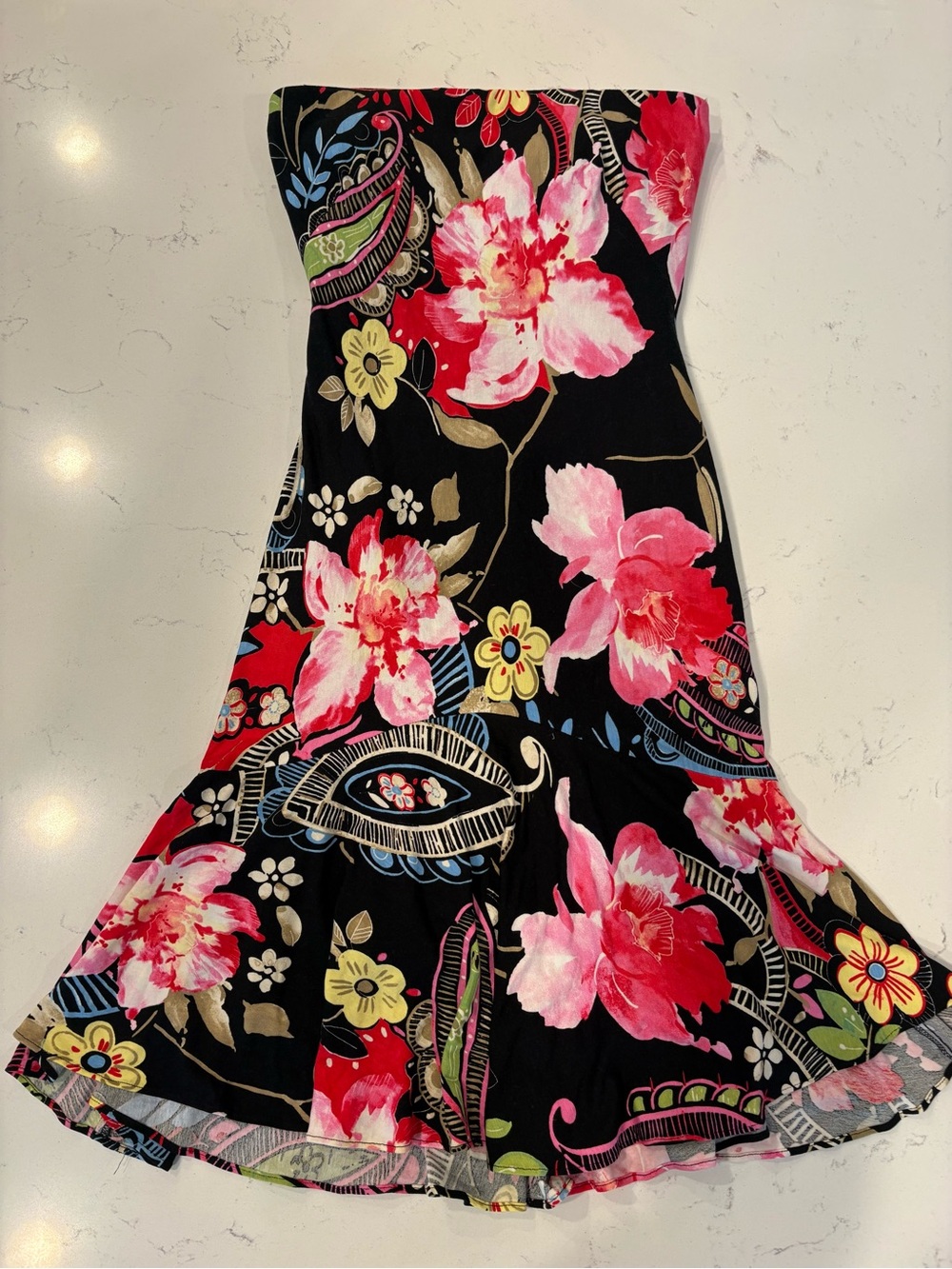 Cache Black Strapless Dress with Pink & Red Floral Print Size 6/8